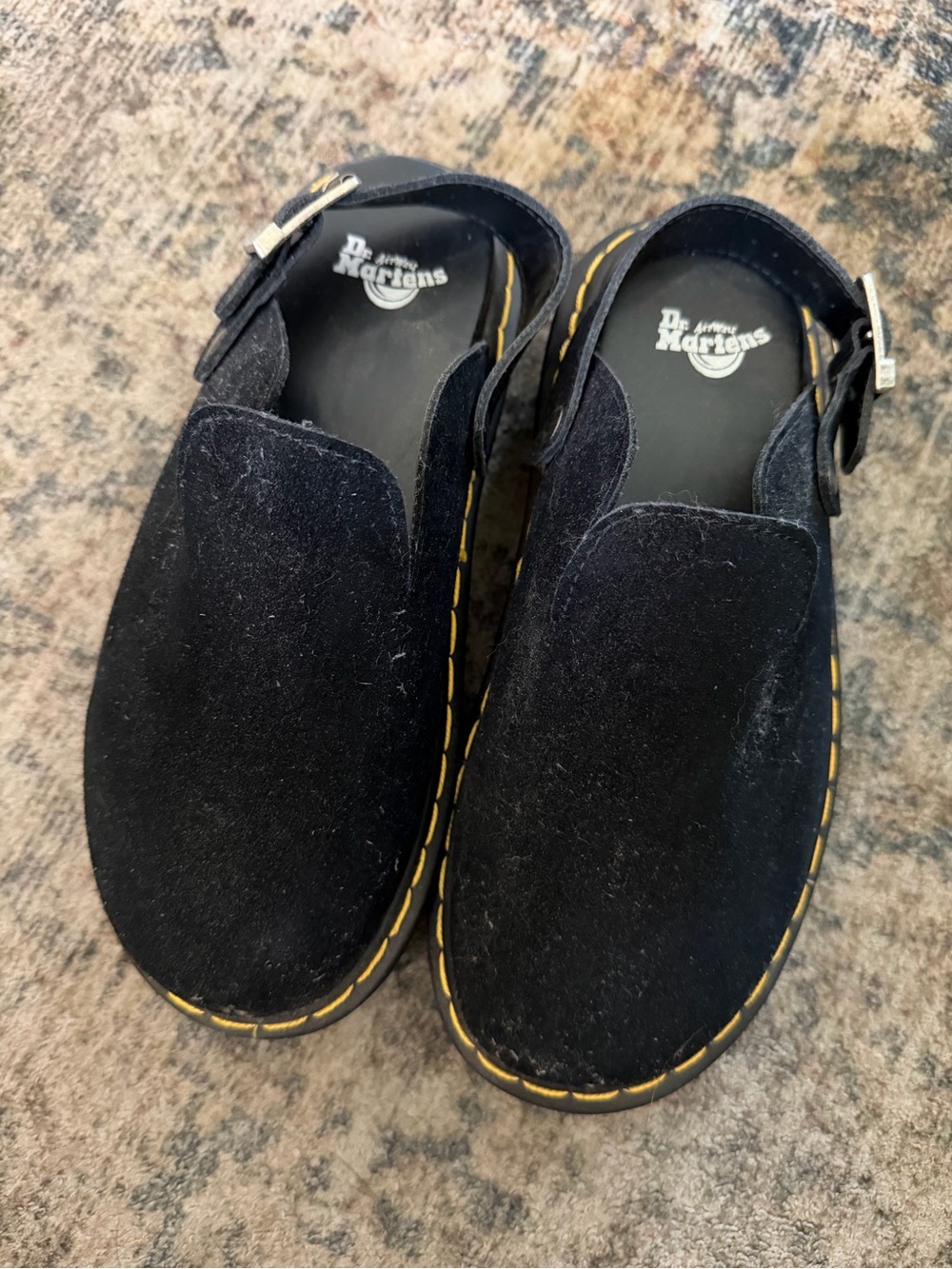 Dr. Martens Black Suede Clog Sandals with Yellow Stitching
